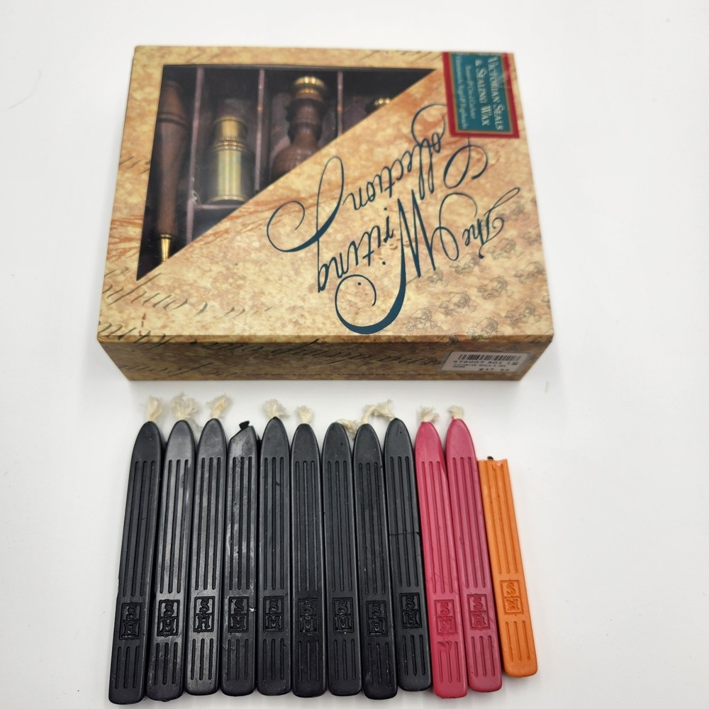 AUTHENTIC MODELS Victorian Seals & Sealing Wax Set Wood Brass + 12 Extra Wax